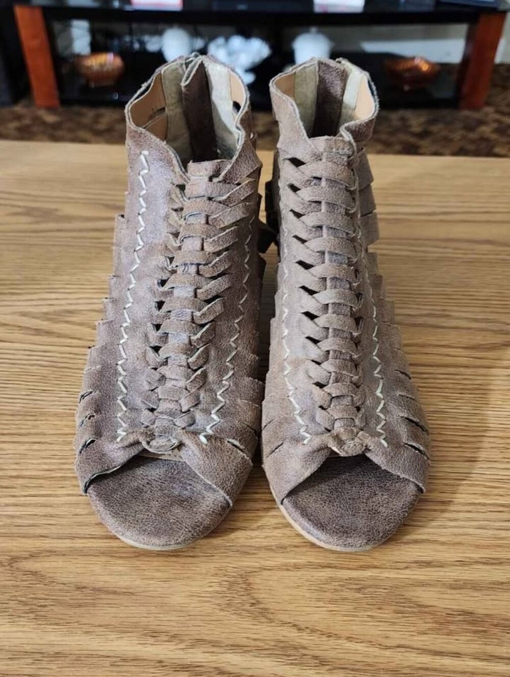Not Rated Braided Suede Open-Toe Ankle Heels - Taupe